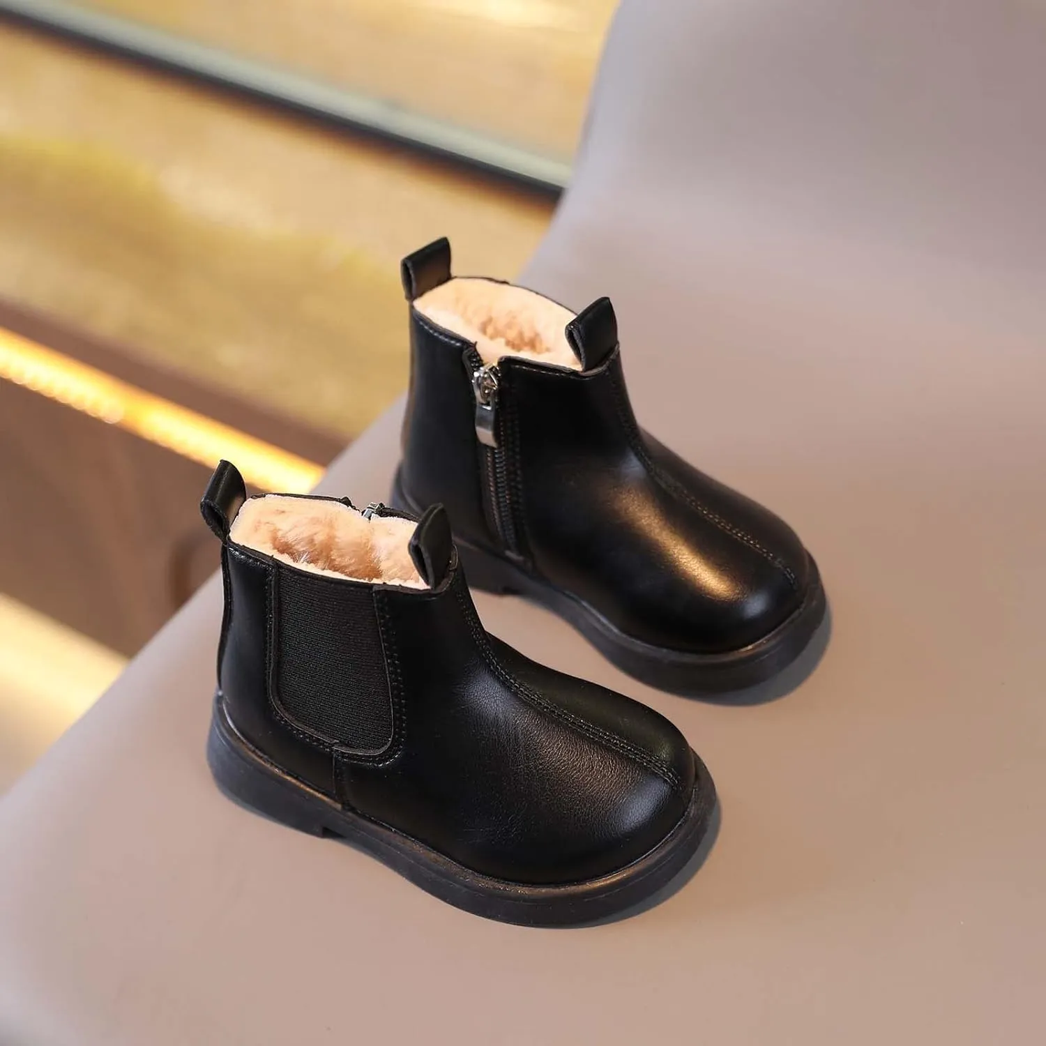 Girls Elastic Ankle Boots Kids Round Toe Chunky Low Heel Slip On Cute Fashion Zipper Dress Booties Winter Shoes (Black, 3-3.5 Years)