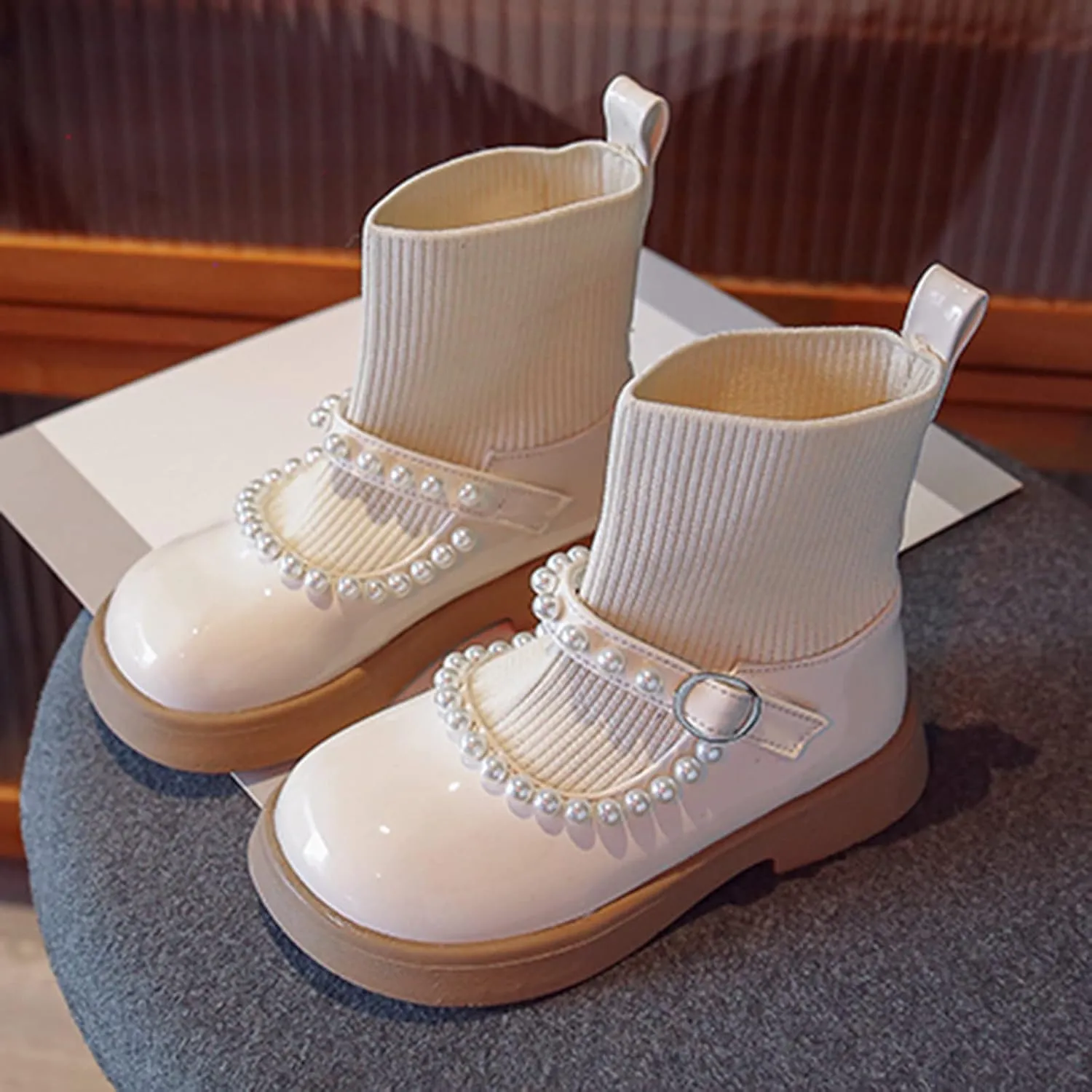 Girls Pearl Shoes Fashion Leather Boots Shoes Waterproof Leather Short Boots Non Slip Breathable Nude Boots 3-12Y (Beige, 3.5-4 Years)