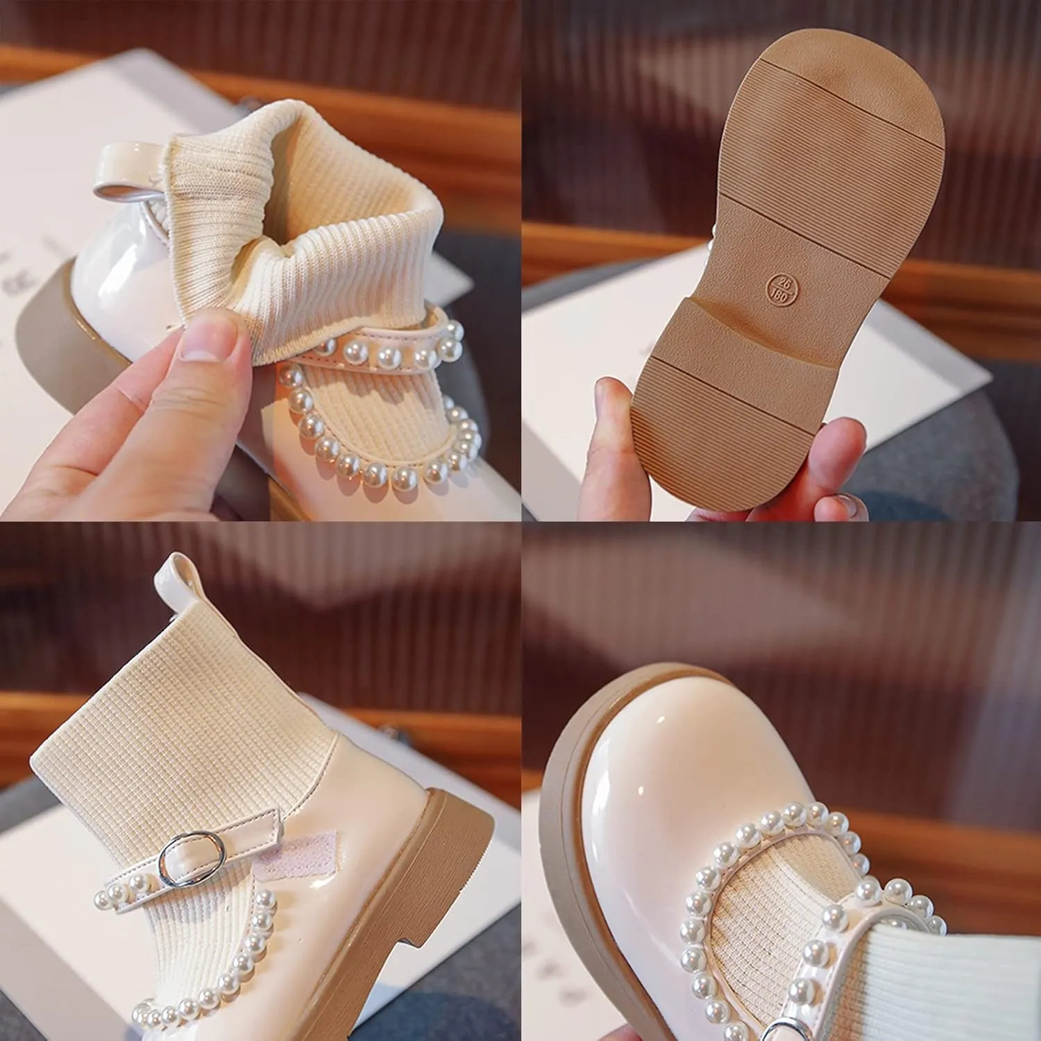 Girls Pearl Shoes Fashion Leather Boots Shoes Waterproof Leather Short Boots Non Slip Breathable Nude Boots 3-12Y (Beige, 3.5-4 Years)