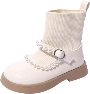 Girls Pearl Shoes Fashion Leather Boots Shoes Waterproof Leather Short Boots Non Slip Breathable Nude Boots 3-12Y (Beige, 3.5-4 Years)