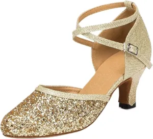 Ladies Latin Dancing Shoes Sparkling High-heeled Ballroom Dancing Tango Dancing Shoes Ladies Sandals(5 cm gold,8)