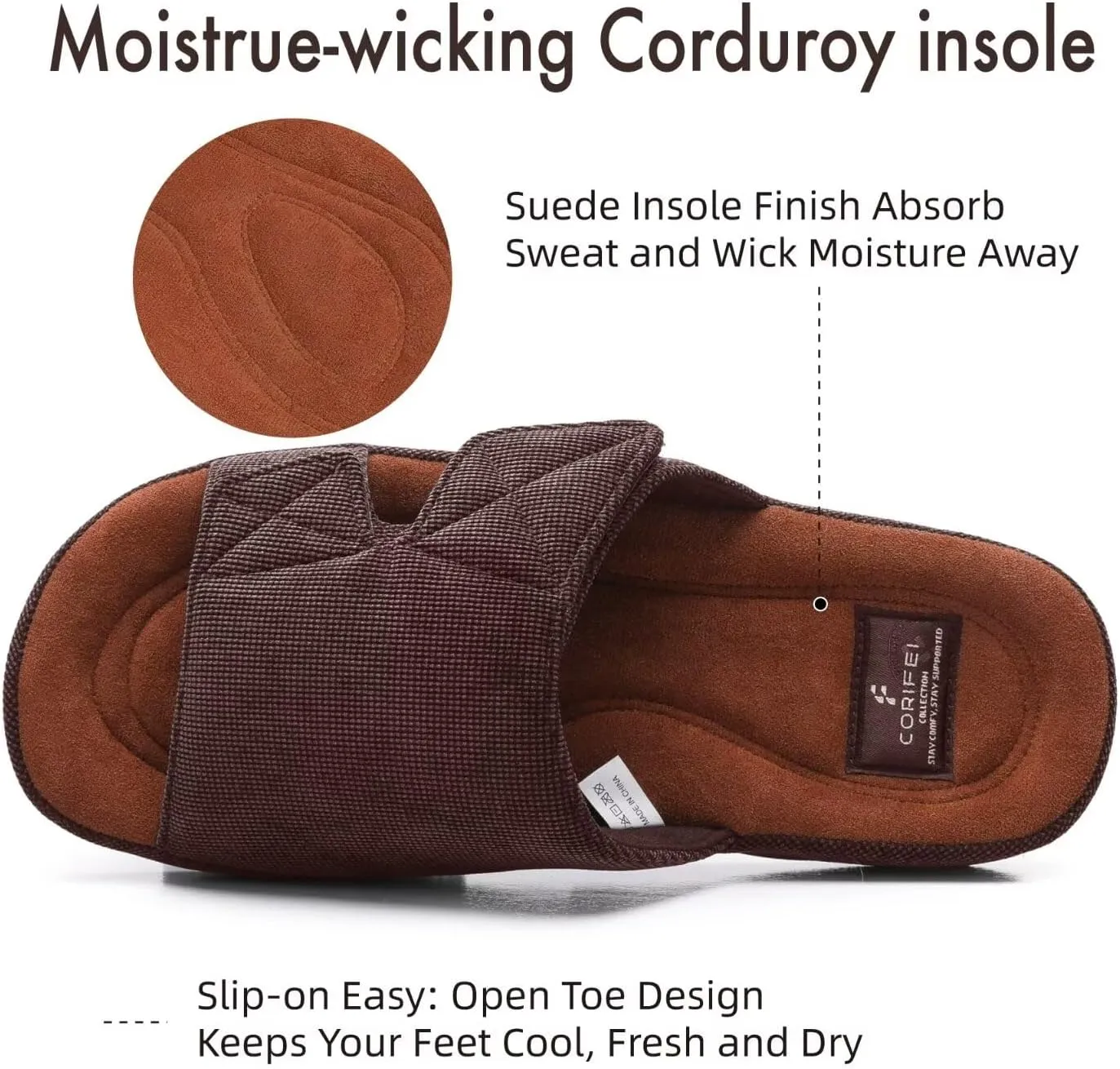 Men's Open Toe Slippers Adjustable House Slippers with Arch Support Cross Band Anti-Slip Indoor Outdoor Slides