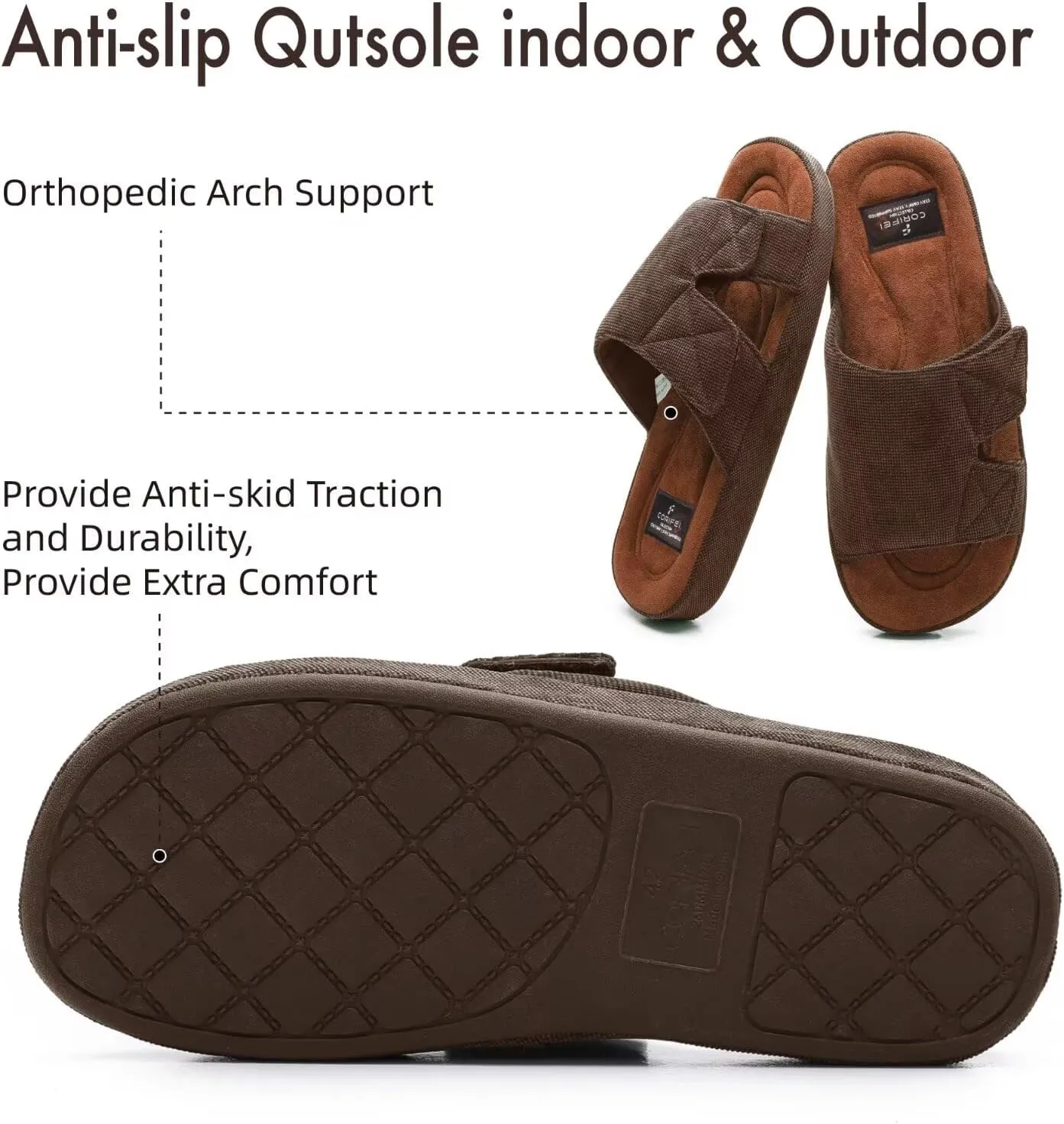 Men's Open Toe Slippers Adjustable House Slippers with Arch Support Cross Band Anti-Slip Indoor Outdoor Slides