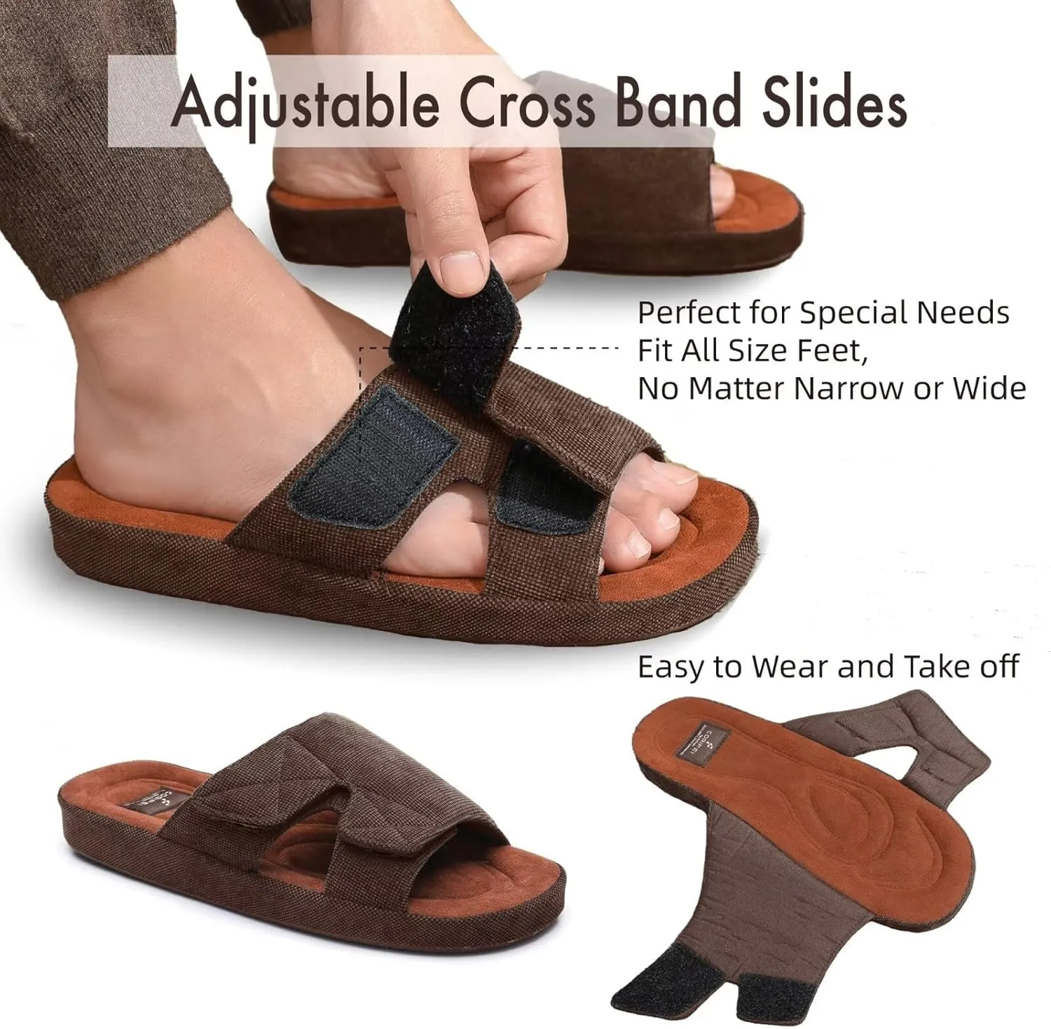 Men's Open Toe Slippers Adjustable House Slippers with Arch Support Cross Band Anti-Slip Indoor Outdoor Slides
