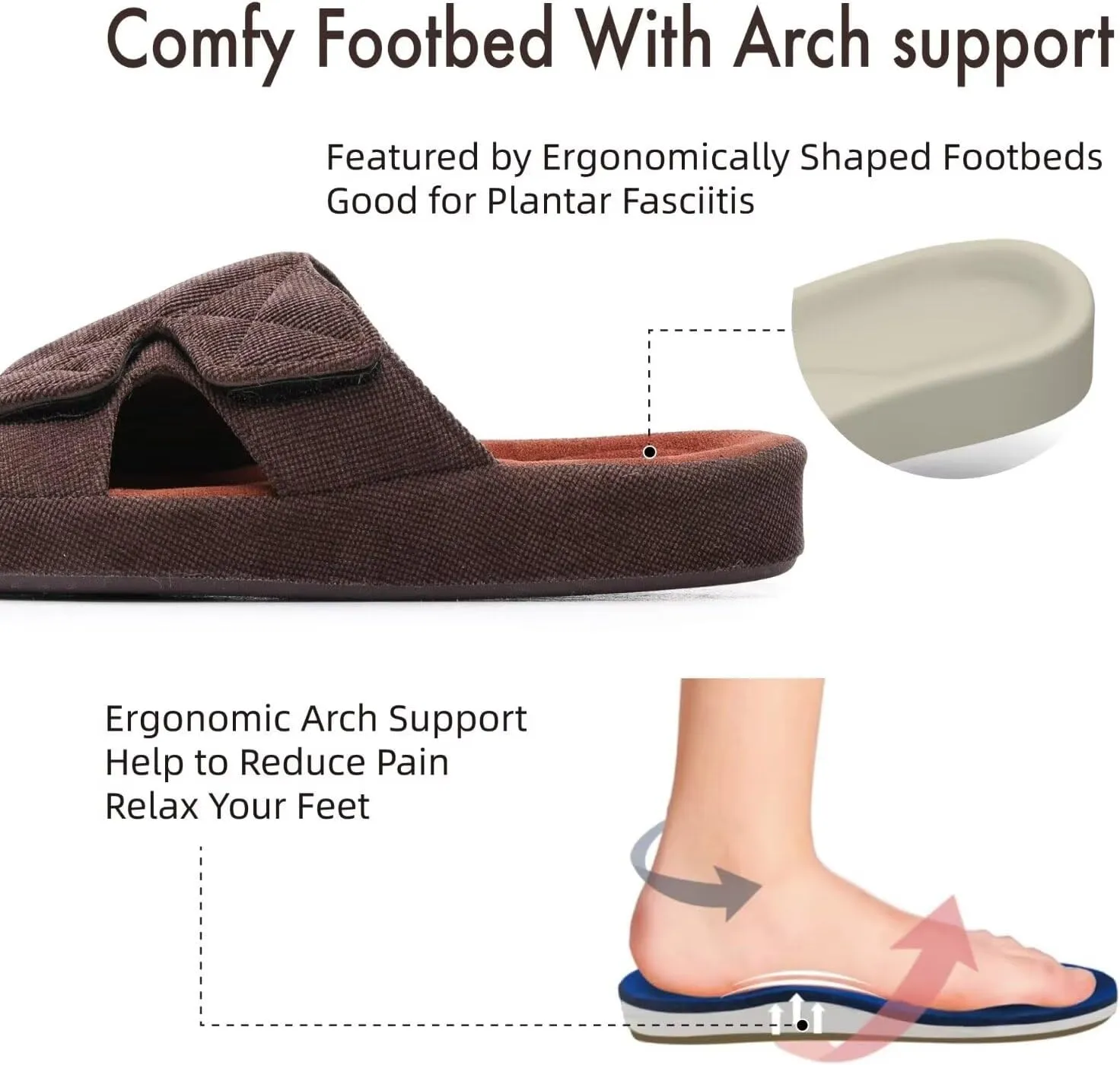 Men's Open Toe Slippers Adjustable House Slippers with Arch Support Cross Band Anti-Slip Indoor Outdoor Slides