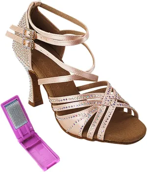 Very Fine Dance Shoes - Ladies Latin, Rhythm, Salsa, Waltz Ballroom Dance Shoes - S1006CC - 3-inch Heel and Foldable Brush Bundle - Flesh Satin - 8