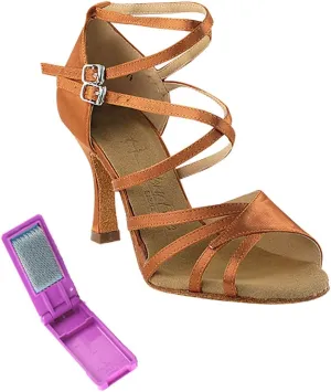 Very Fine Dance Shoes - Ladies Latin, Rhythm, Salsa, Waltz Ballroom Dance Shoes - SERA1662B - 2.5-inch Heel and Foldable Brush Bundle - Dark Tan Satin - 7