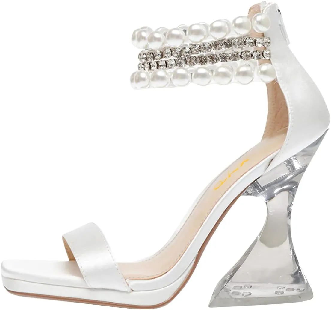 XYD Square Open Toe Ankle Strap Dress Sandals Chunky Heels Platform Rhinestone Transparent High Heeled Pumps Back Zip Prom Wedding Shoes for Women